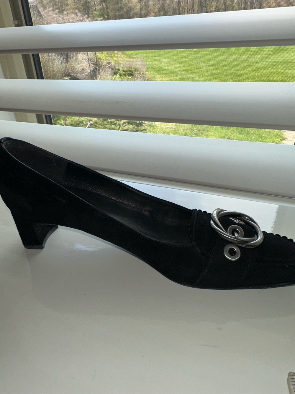Stuart Weitzman Black Suede Loafers with Silver Buckle - Picture 3 of 7